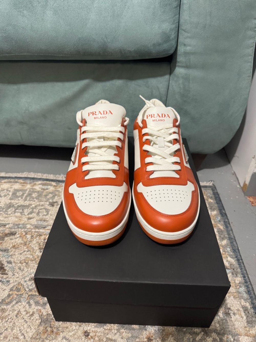 Prada Men's Orange and White Leather Low-Top Sneakers